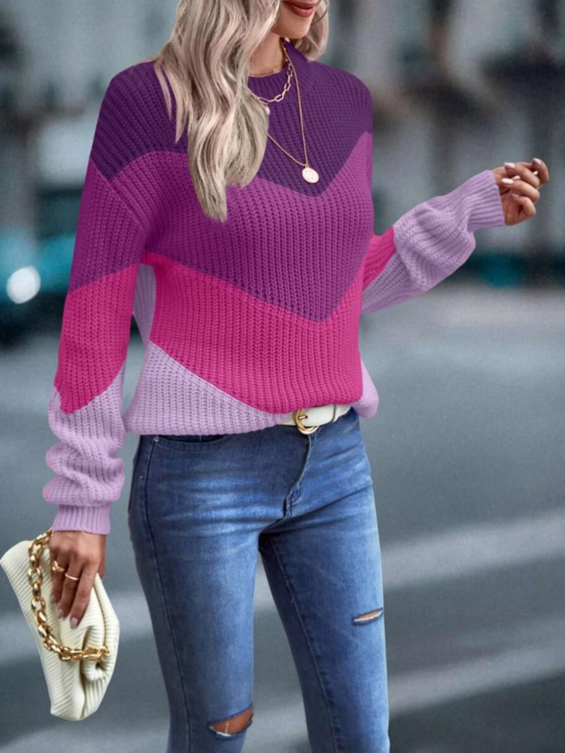 Color Block Round Neck Dropped Shoulder Sweater