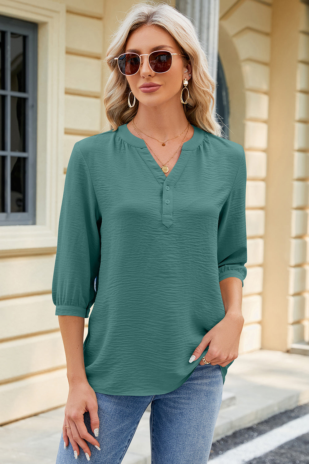 Notched Three-Quarter Sleeve T-Shirt