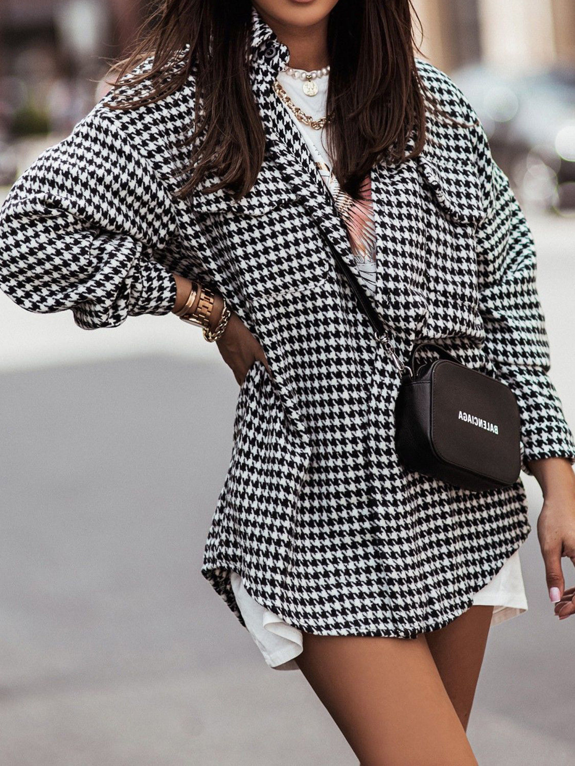 Houndstooth Button Up Dropped Shoulder Jacket