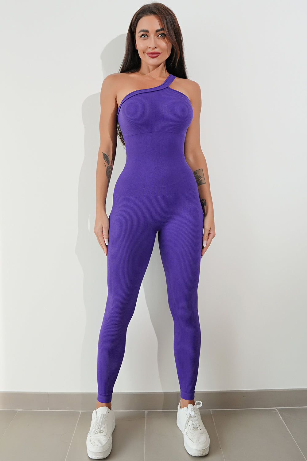 Asymmetrical Neck Wide Strap Active Jumpsuit