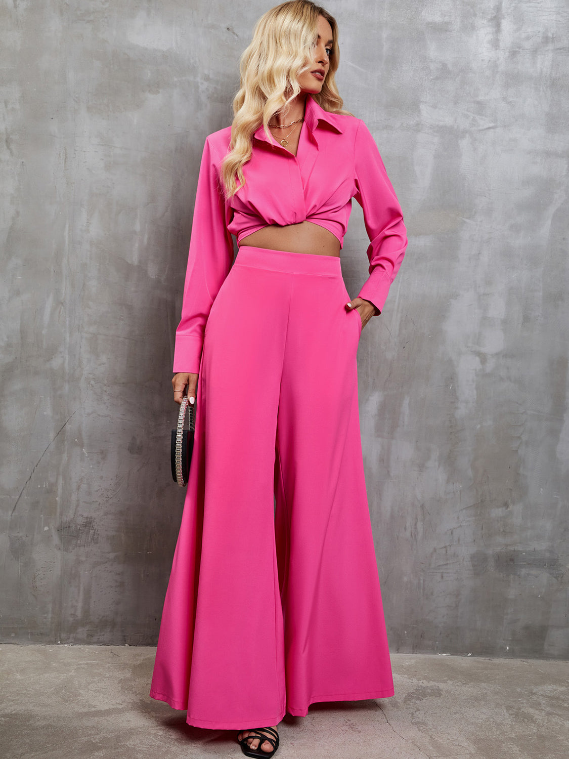 Collared Neck Long Sleeve Top and Wide Leg Pants Set