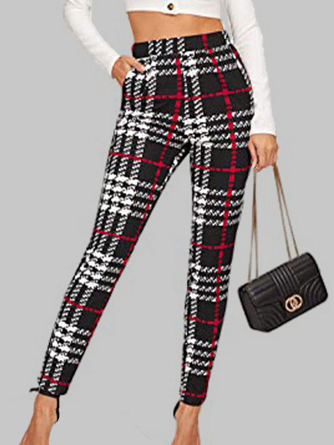 Plaid High Waist Pants with Pockets