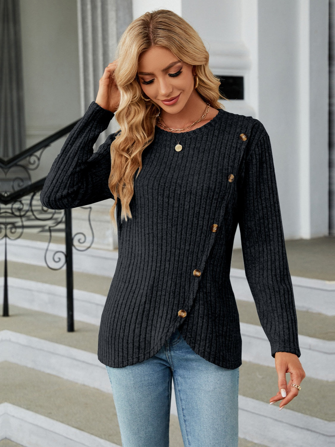 Round Neck Long Sleeve Blouse