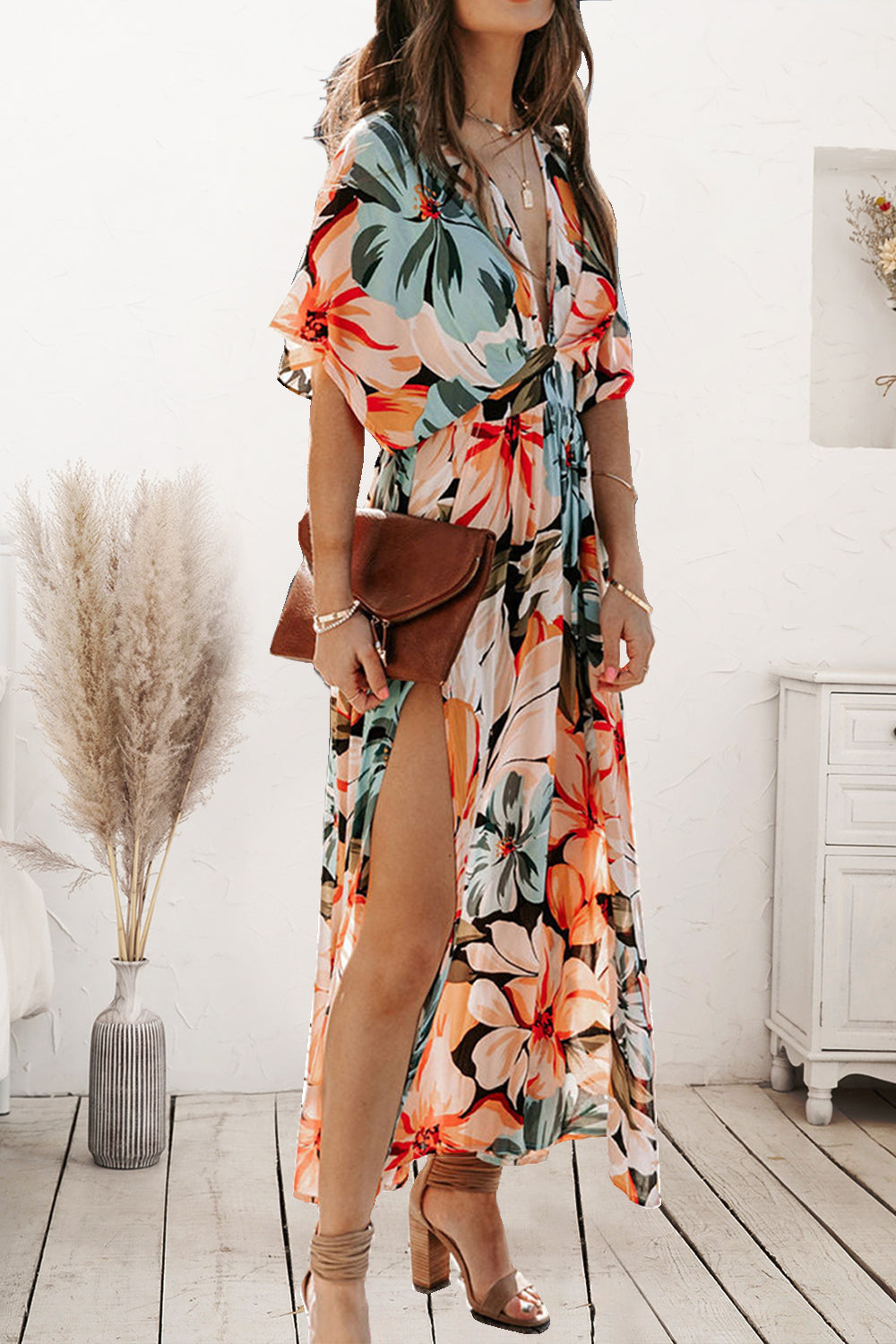 Plunge Printed Split Midi Dress