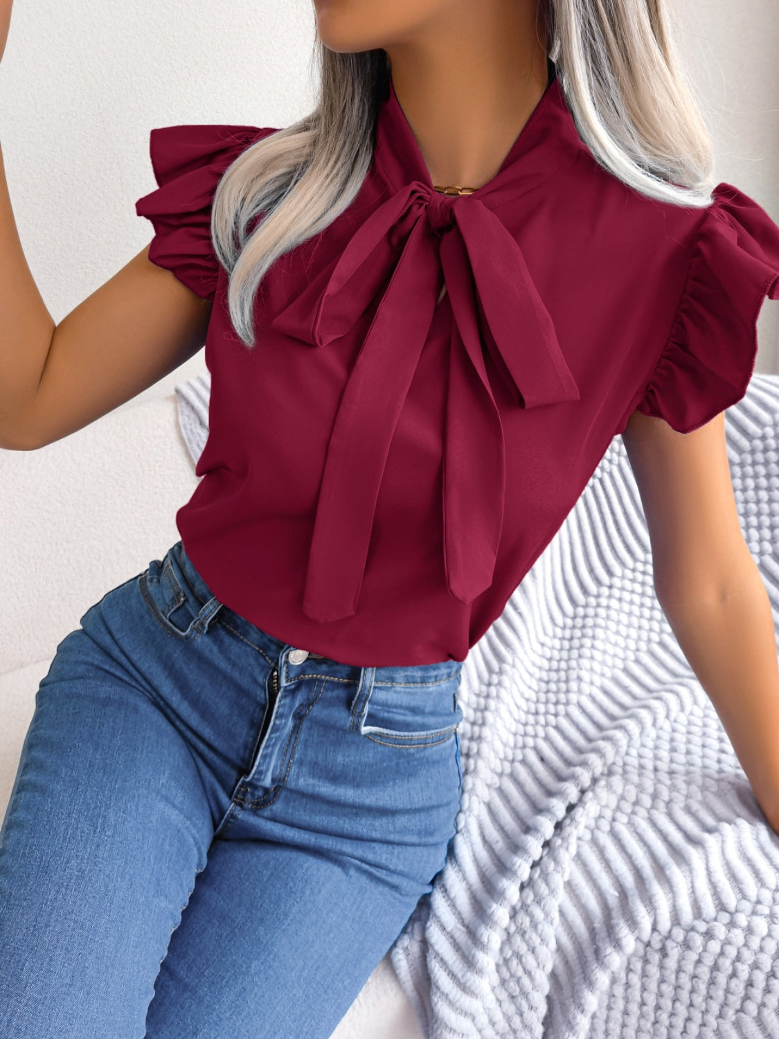 Tie  Neck Cap Sleeve Blouse