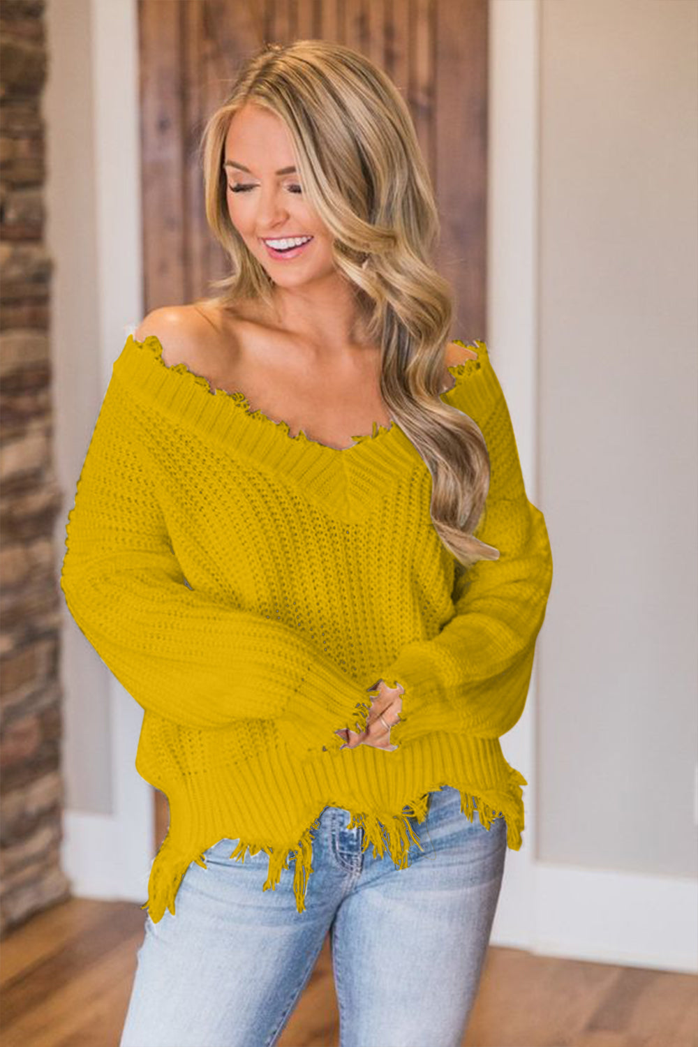 Frayed Hem Dropped Shoulder Sweater