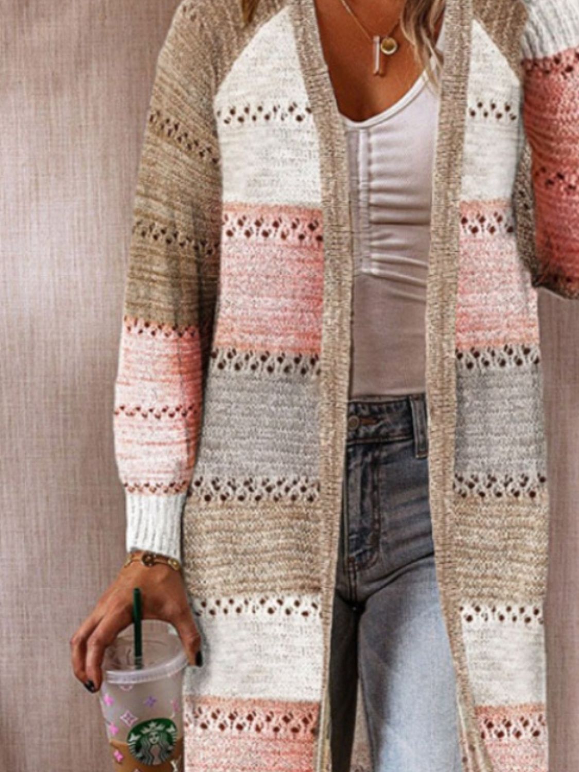 Color Block Open Front Openwork Cardigan