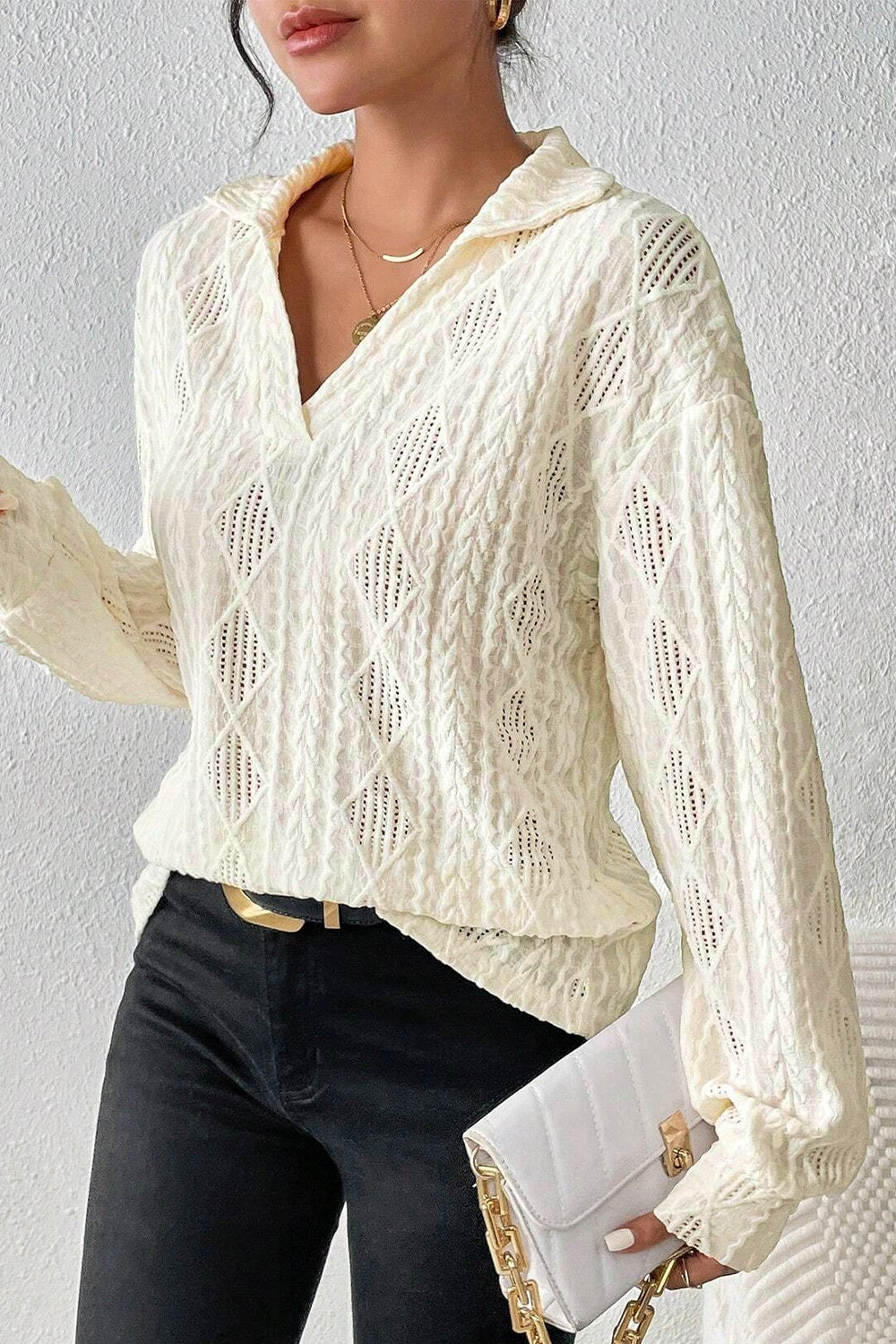 Eyelet Johnny Collar Dropped Shoulder Blouse