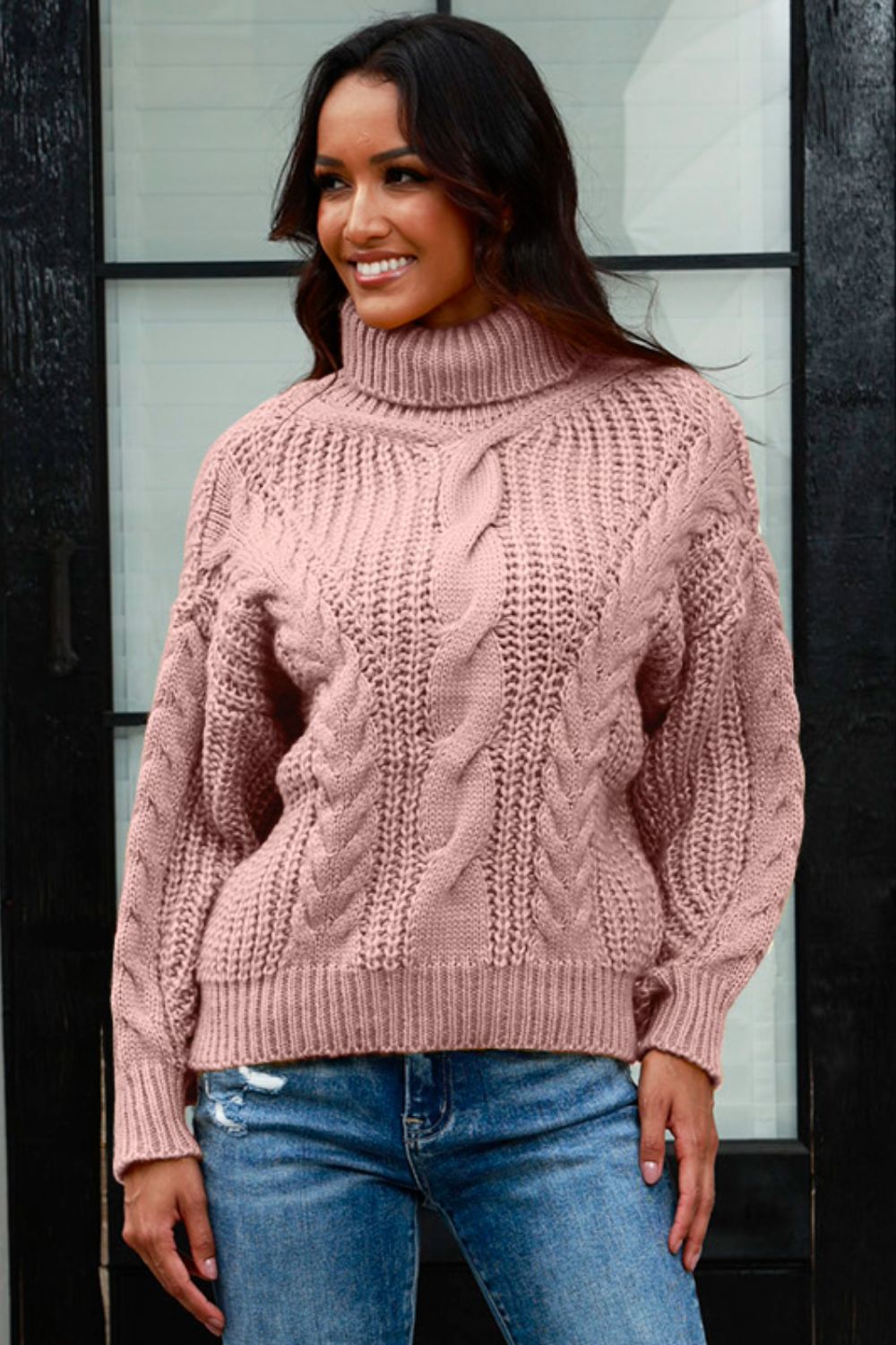 Cable-Knit Turtleneck Long Sleeve Sweater