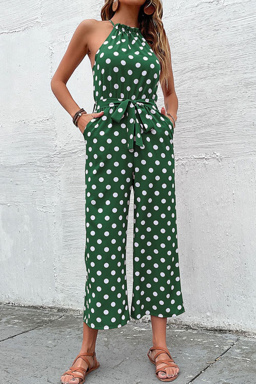 Polka Dot Grecian Wide Leg Jumpsuit