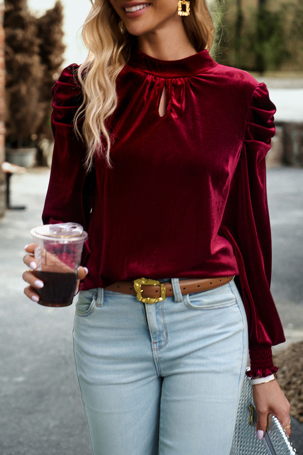 Mock Neck Puff Sleeve Blouse