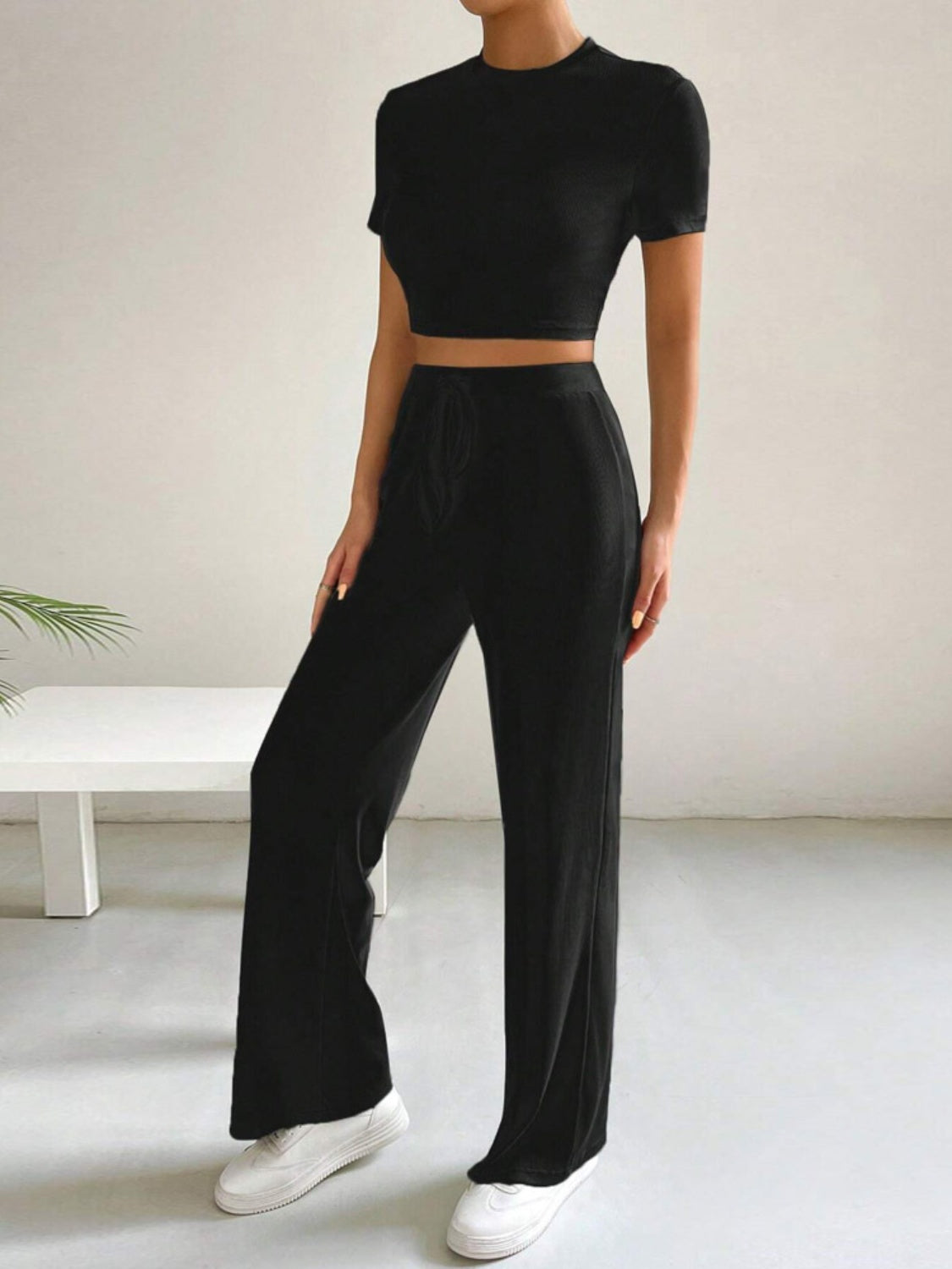 Drawstring Mock Neck Top and High Waist Pants Set