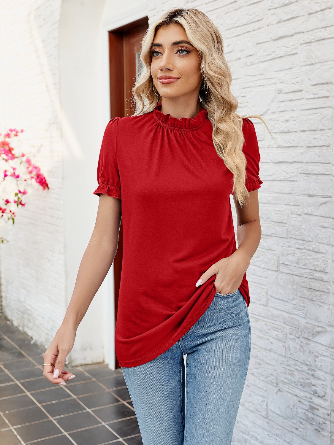 Frill Mock Neck Flounce Sleeve Blouse