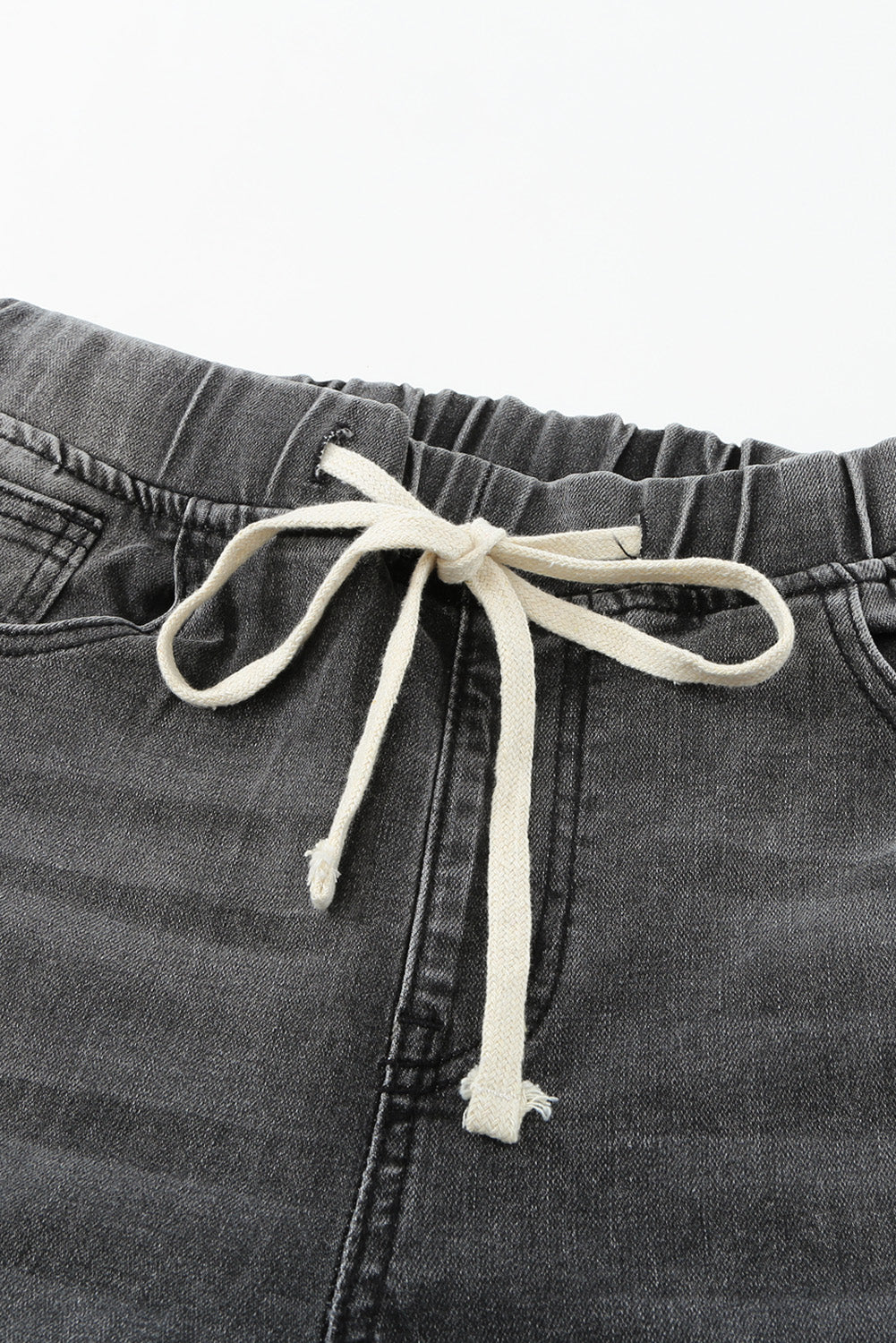 Drawstring Distressed Raw Hem Jeans with Pockets