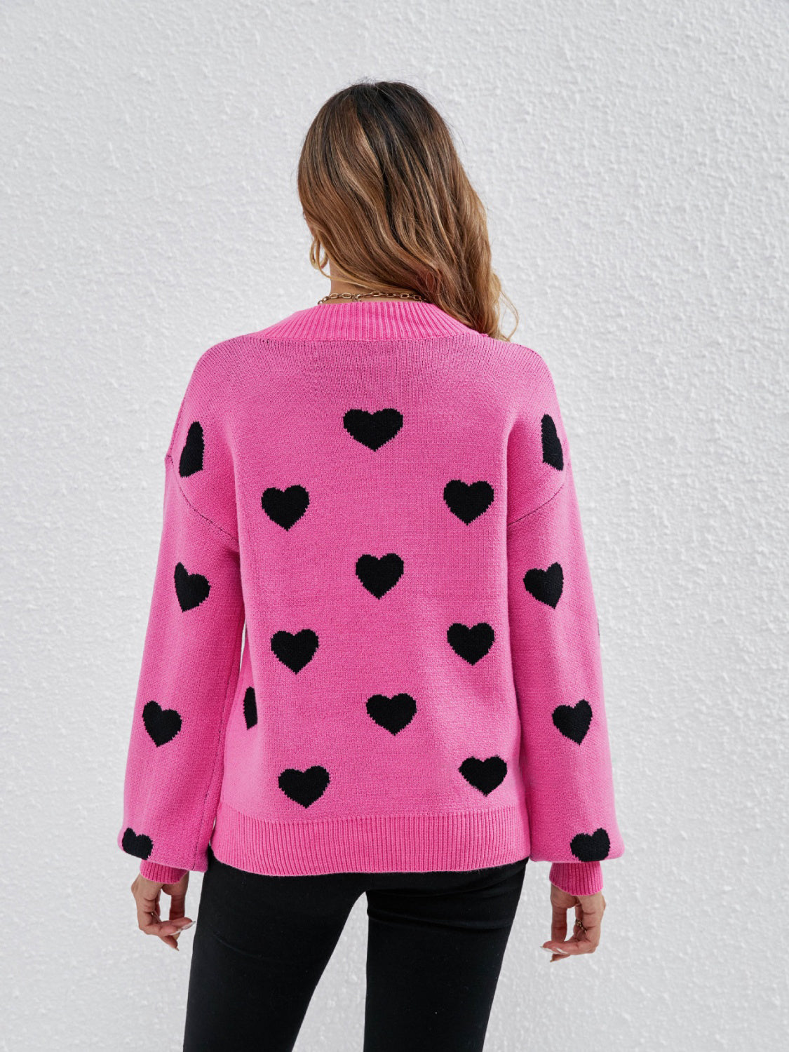 Heart Round Neck Dropped Shoulder Sweater