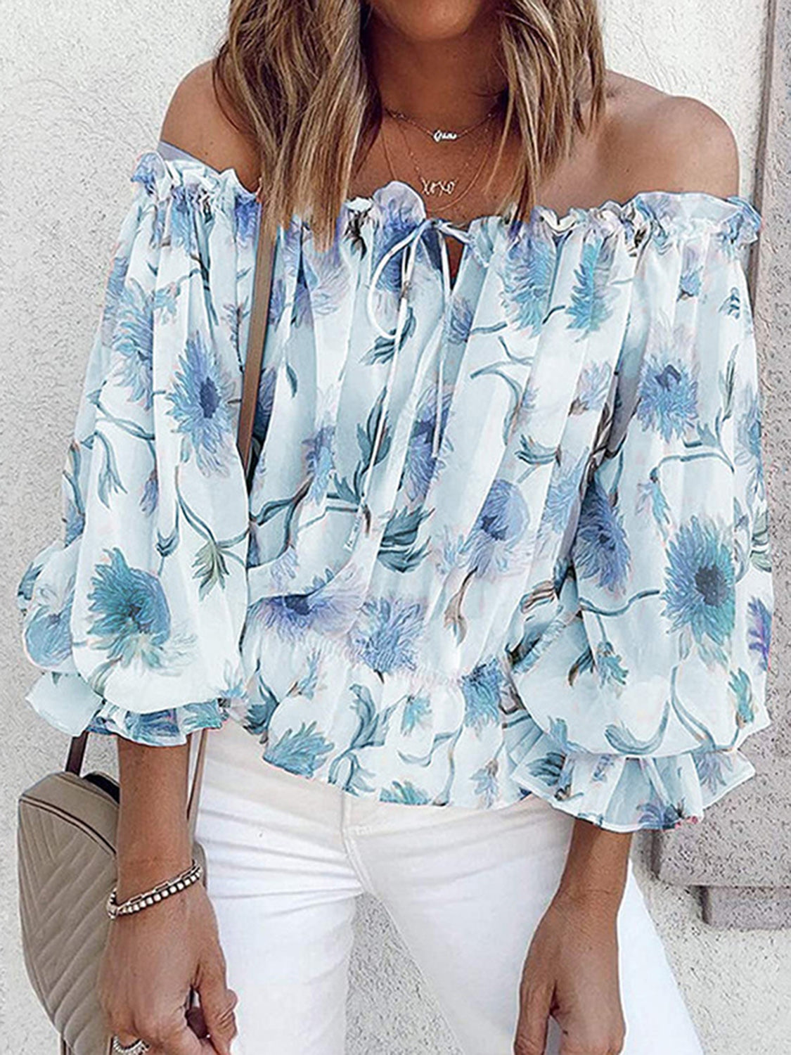 Floral Off-Shoulder Flounce Sleeve Blouse