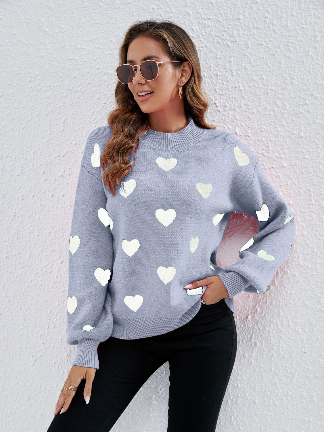 Heart Round Neck Dropped Shoulder Sweater