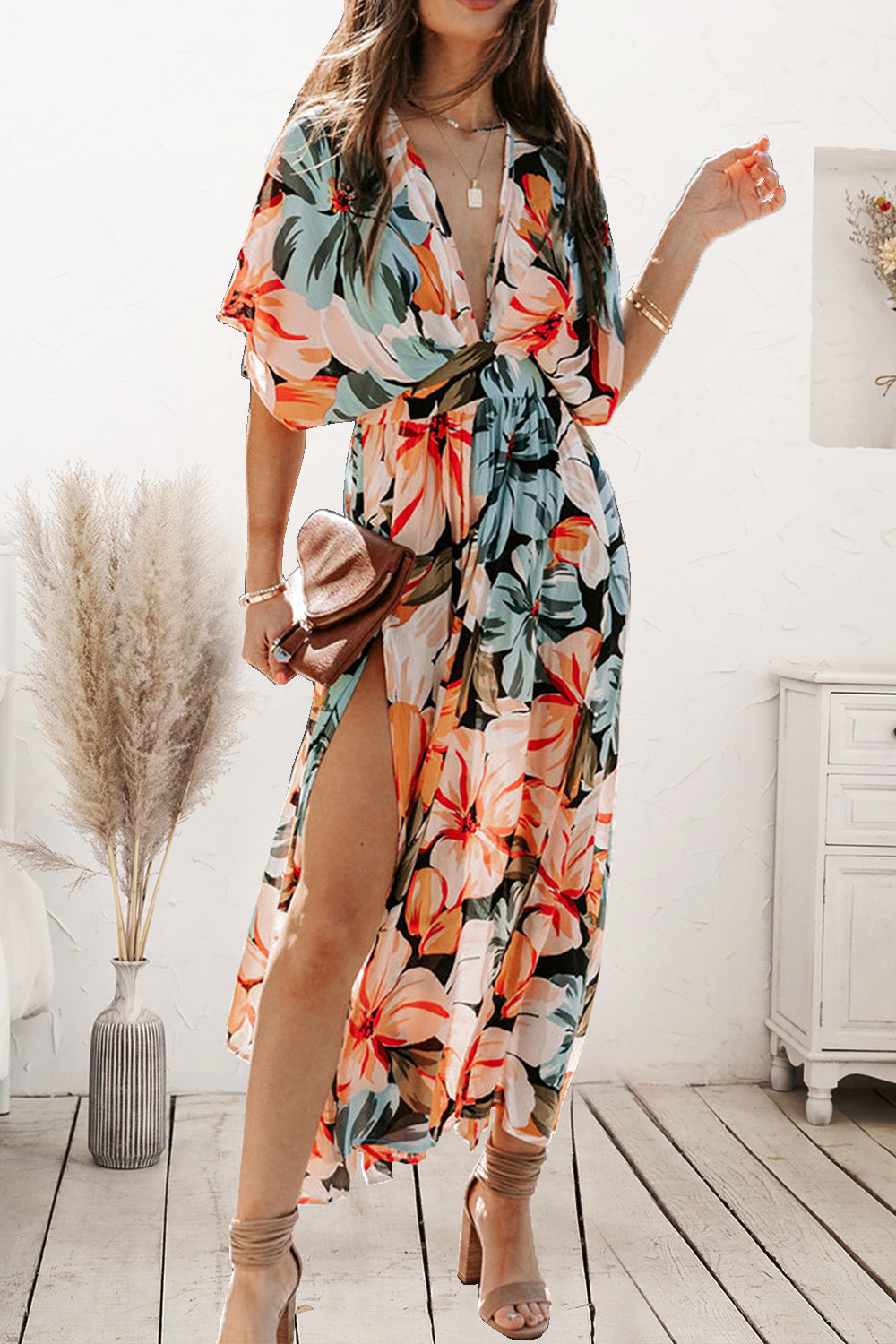 Plunge Printed Split Midi Dress