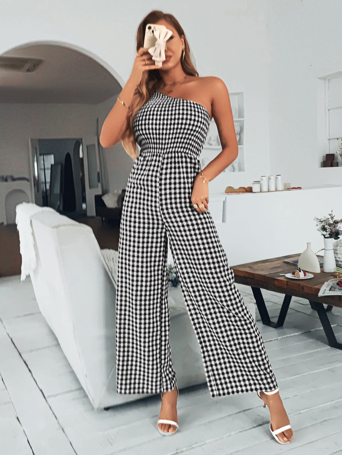 Plaid One-Shoulder Wide Leg Jumpsuit with Pockets