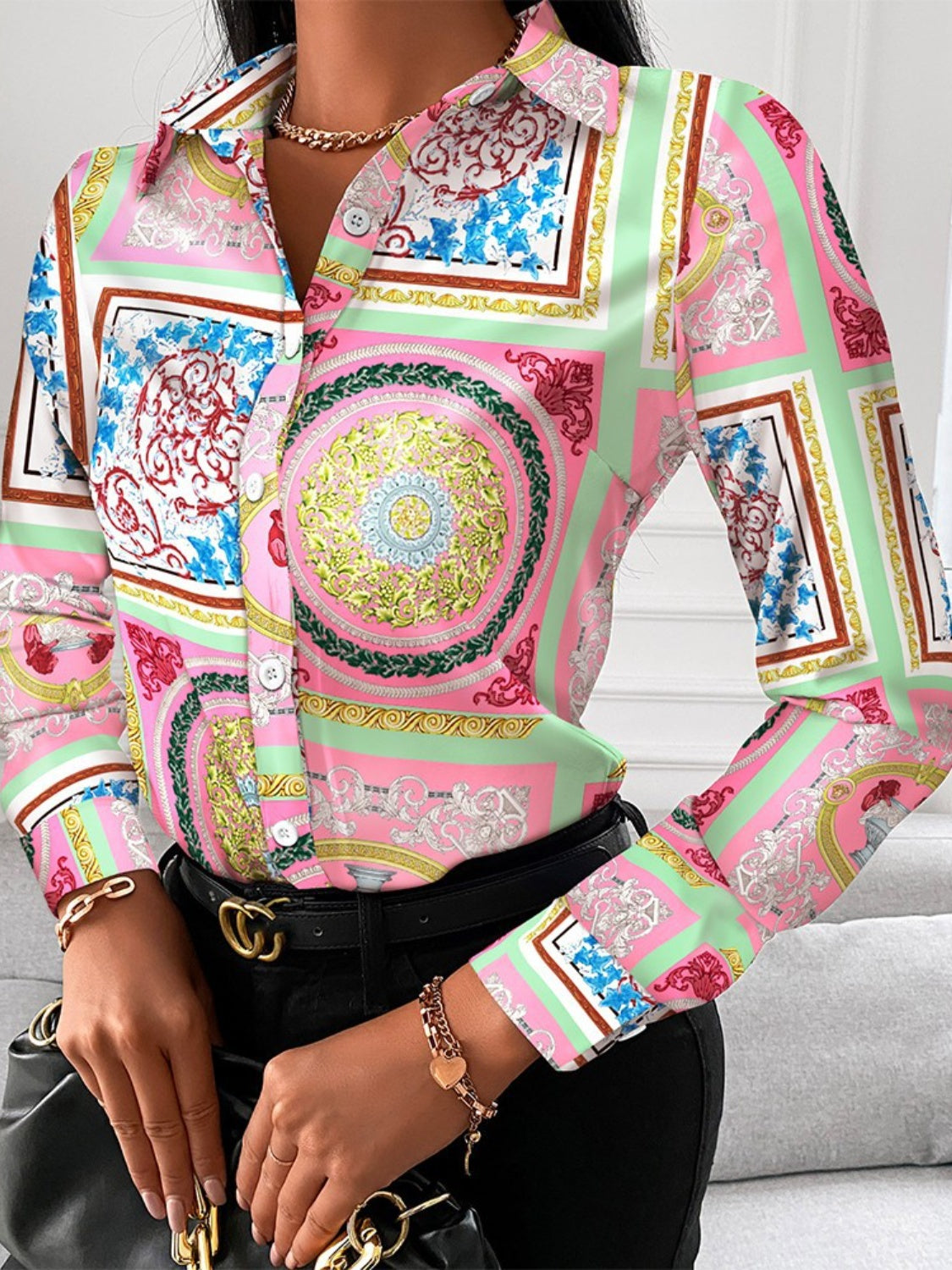 Printed Collared Neck Long Sleeve Shirt